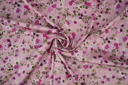 Satin with elastane - flowers on pink 80 g/m²