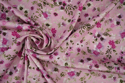 Satin with elastane - flowers on pink 80 g/m²