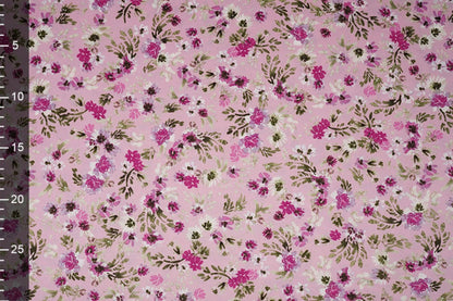 Satin with elastane - flowers on pink 80 g/m²