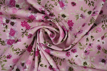 Satin with elastane - flowers on pink 80 g/m²
