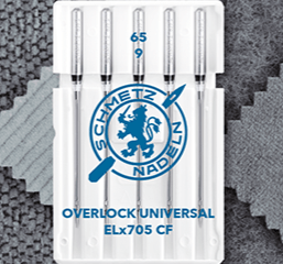 SCHMETZ aiguilles universelles pour surjeteuse et recouvreuse ELx705 CF - n°65 (5 pièces) – disponible chez Šarlotes audumi