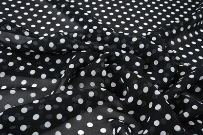 Chiffon - white polka dots on a black background | 150 cm | 65 g/m²