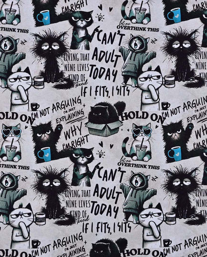 Image with insulated knitwear, Alpenfleece fabric with cats – available online at Šarlotes audumi