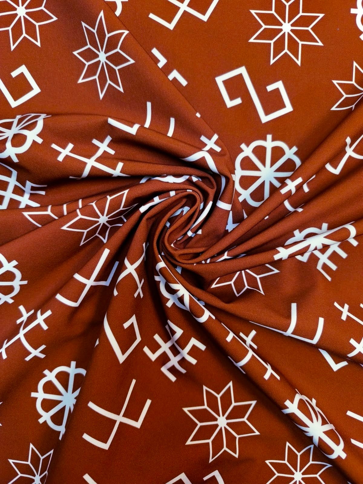 Softshell fabric - with Latvian power symbols on a dark red background 310 g/m²