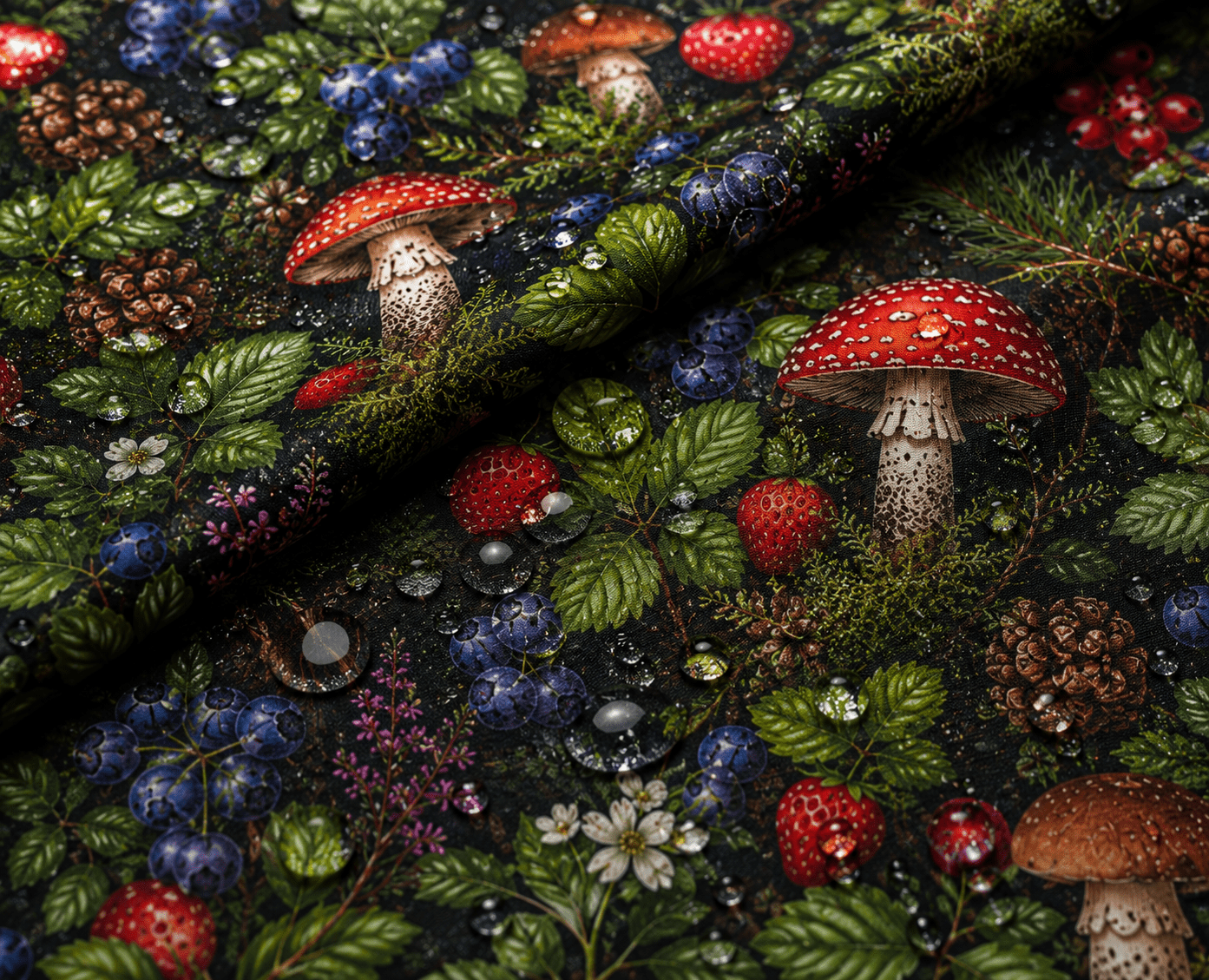 Image du tissu softshell « Fruits de la forêt » – disponible en ligne chez Šarlotes audumi