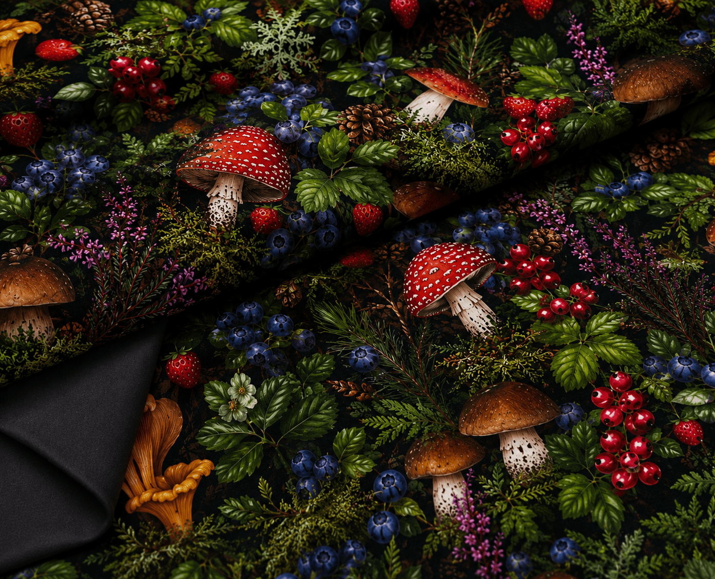 Image de tissu softshell – trésors de la forêt, disponible en ligne chez Šarlotes audumi