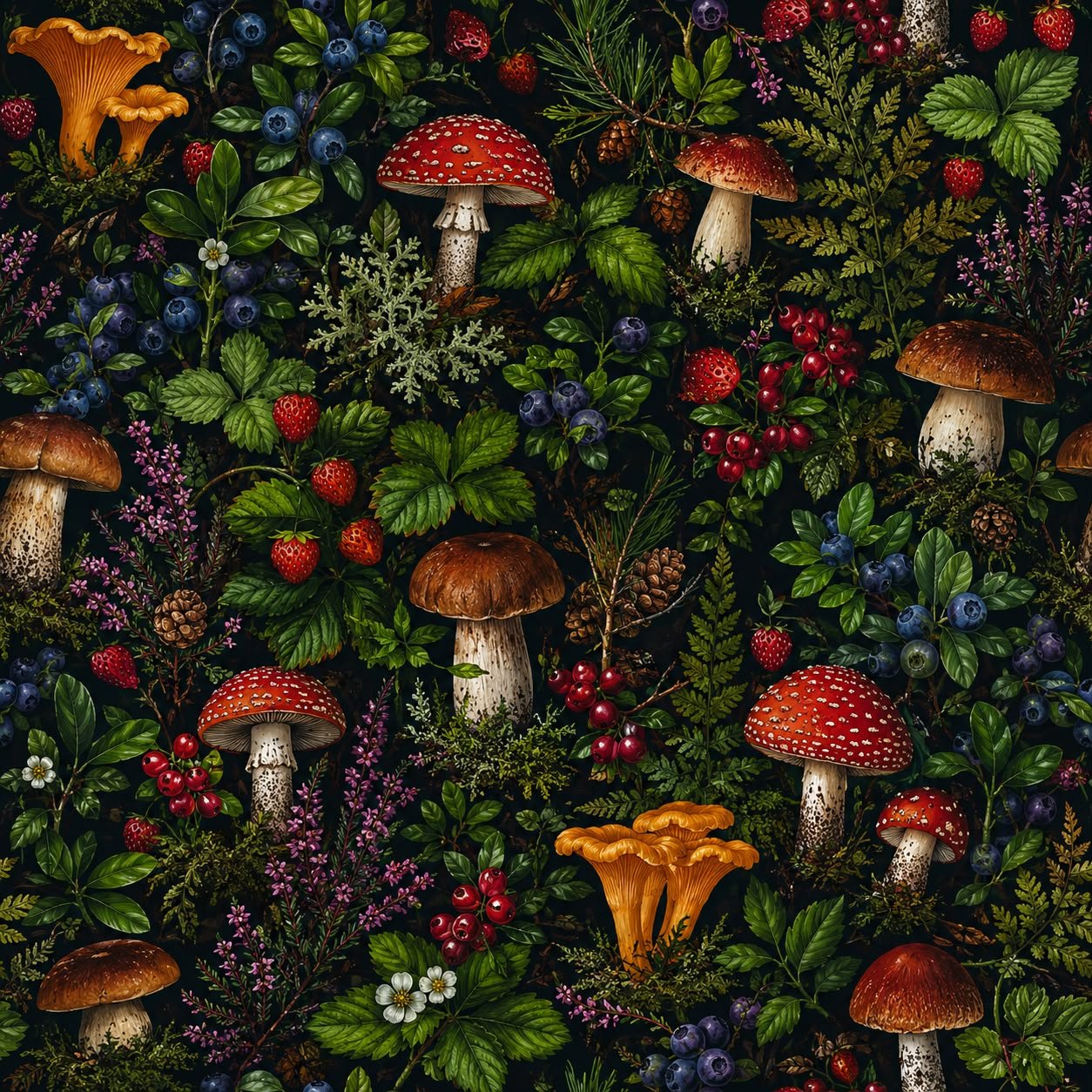 Image du tissu softshell Baies de la forêt – disponible en ligne chez Šarlotes audumi