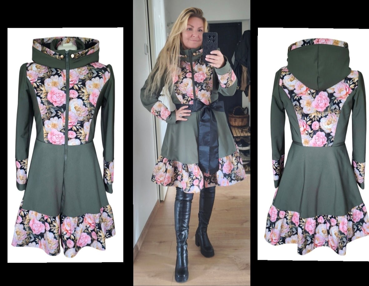 Softshell fabric with peonies – available online at Šarlotes Audumi