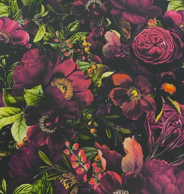 Image of softshell fabric with pink flowers on a dark background – available online at Charlotte's Fabrics