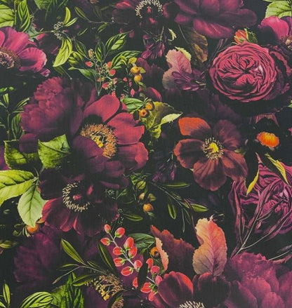Image of softshell fabric with pink flowers on a dark background – available online at Charlotte's Fabrics