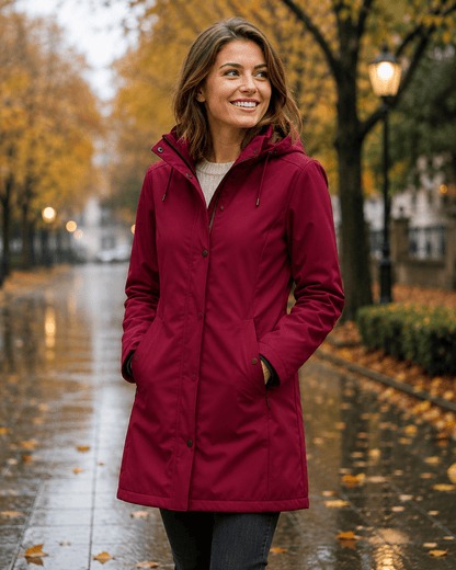 Softshell waterproof fabric in raspberry red – available online at Charlotte's Fabrics