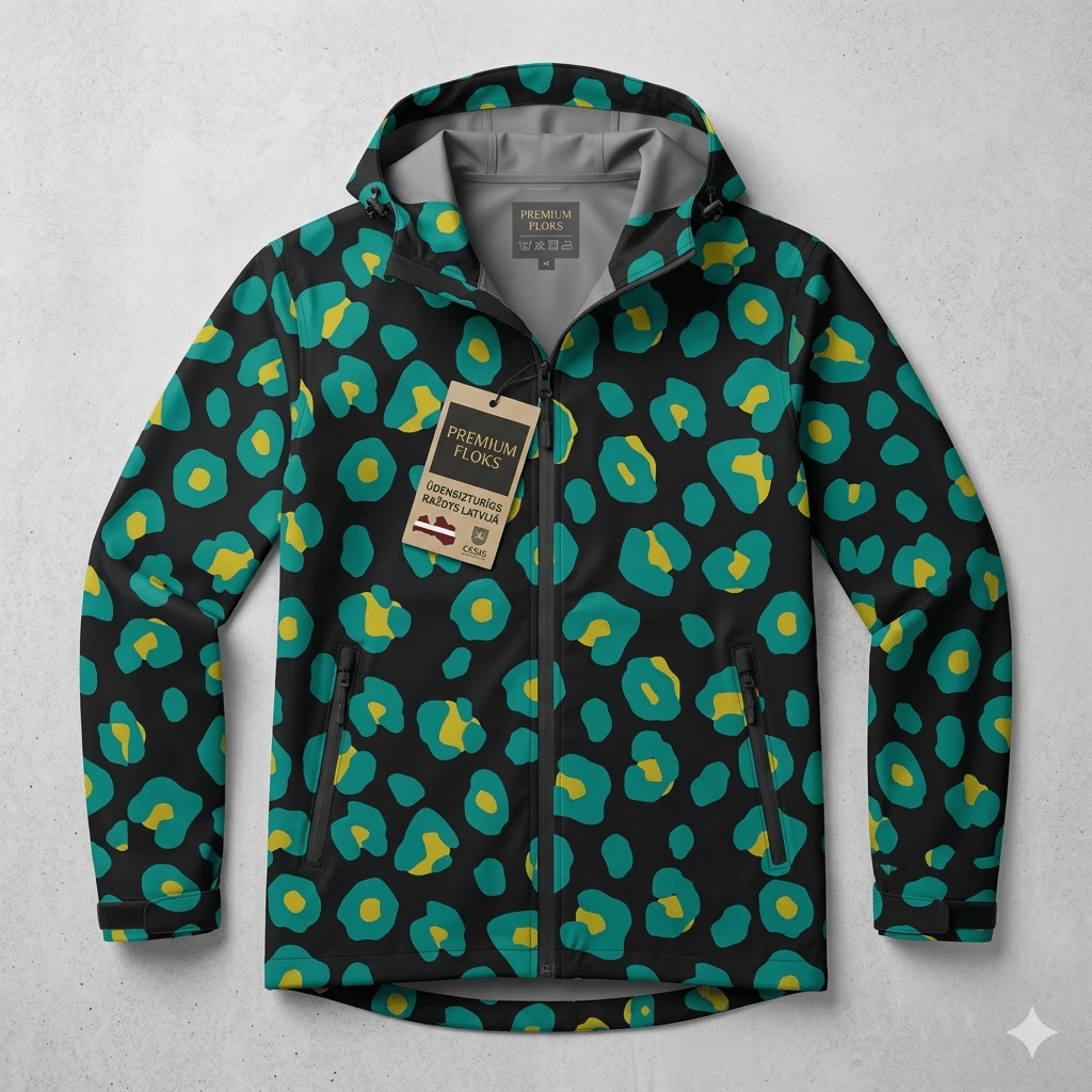 Tissu Softshell léopard vert 310 g/m² – disponible chez Šarlotes audumi