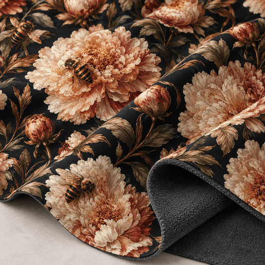 Attēls ar Softshell audums-zeltainās peonijas – pieejams internetā Šarlotes audumi
