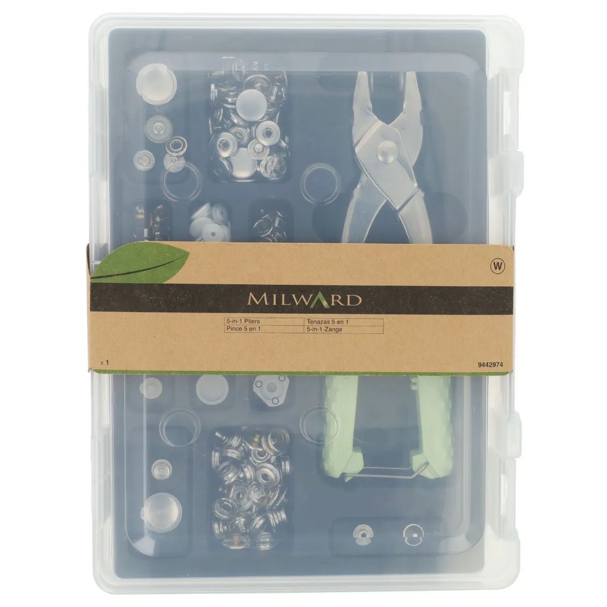 Image of Milward 5-in-1 snap button pliers with accessory set – available at Charlotte Fabrics