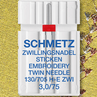 Image de l’aiguille double pour machine à coudre SCHMETZ EMBROIDERY TWIN NEEDLE ZWI - N°3/75 (1 pièce) – disponible chez Šarlotes audumi