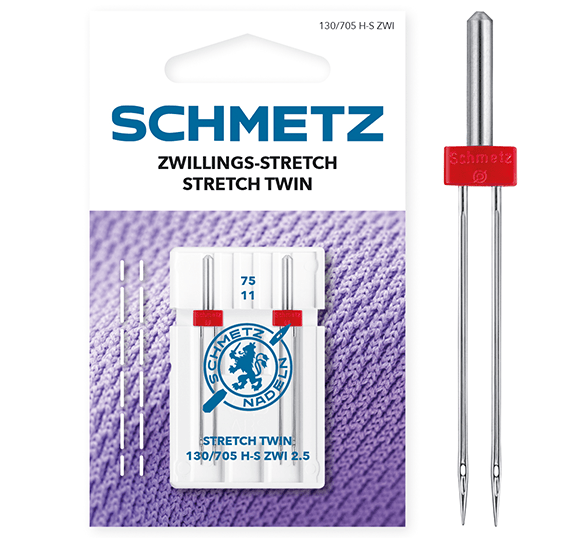 Image avec aiguille double pour machine à coudre SCHMETZ Stretch Twin ZWI n°2,5/75 - 2 pièces – disponible chez Šarlotes audumi