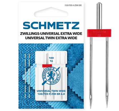Image of a double universal sewing machine needle SCHMETZ UNIVERSAL TWIN ZWI BR - No. 6/100 (1 pc) – available at Šarlotes audumi