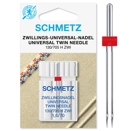 Image de l’aiguille double universelle pour machine à coudre SCHMETZ UNIVERSAL TWIN ZWI - N°1,6/70 (1pc) – disponible chez Šarlotes audumi