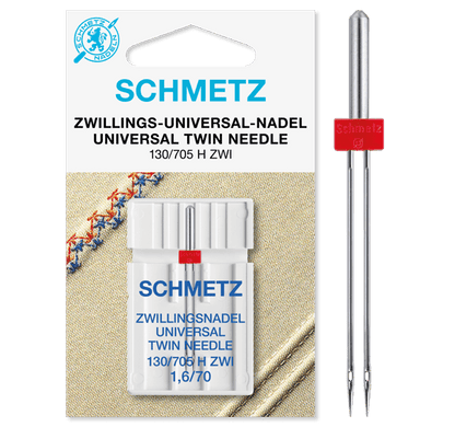 Image de l’aiguille double universelle pour machine à coudre SCHMETZ UNIVERSAL TWIN ZWI - N°1,6/70 (1pc) – disponible chez Šarlotes audumi