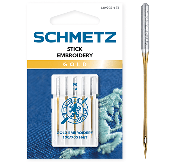 Attēls ar Šujmašīnu adatas izšūšanai SCHMETZ EMBROIDERY GOLD NEEDLES - Nr.90 (5gab.) – pieejams Šarlotes audumi
