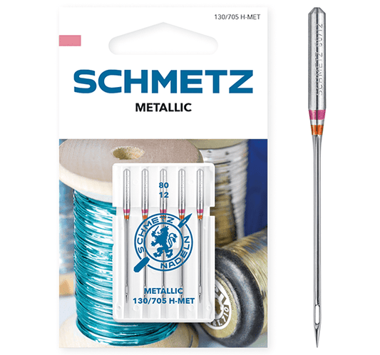 Image of a sewing machine needle with SCHMETZ METALLIC metal threads - No. 80 (5 pcs.) – available at Šarlotes audumi