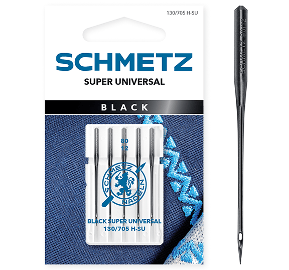 Image d’aiguilles universelles pour machine à coudre SCHMETZ BLACK SUPER UNIVERSAL – n°80 (5 pièces) – disponibles chez Šarlotes audumi