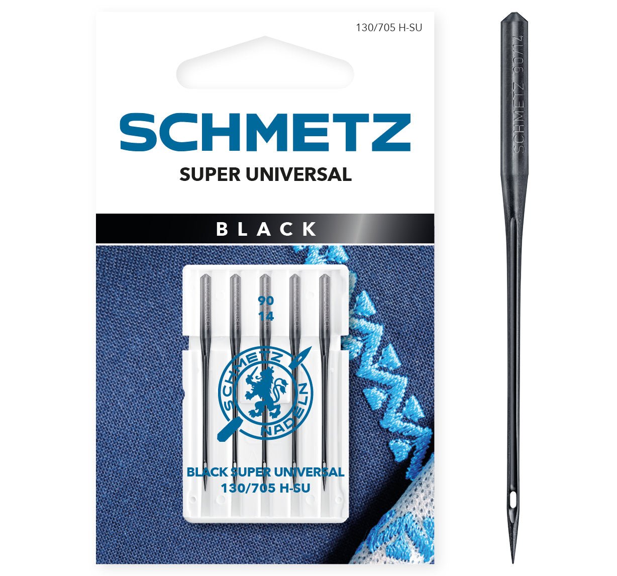 Image of a sewing machine needle, universal SCHMETZ BLACK SUPER UNIVERSAL – No. 90 (5 pcs.) – available at Šarlotes audumi