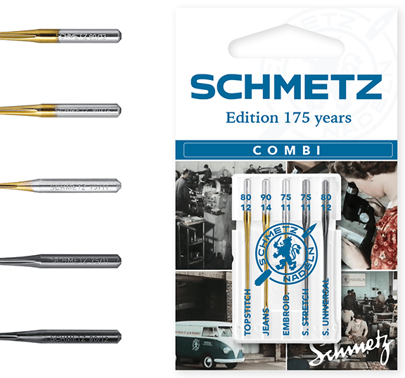 Image du kit d'aiguilles pour machine à coudre SCHMETZ Combi Edition 175 ans – 5 pièces – disponible chez Šarlotes audumi