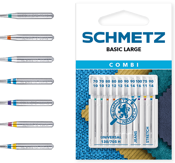 Image with sewing machine needle set SCHMETZ CREATIVE 10 JEANS/UNIVERSAL/STRETCH (10 pcs.) – available at Šarlotes audumi