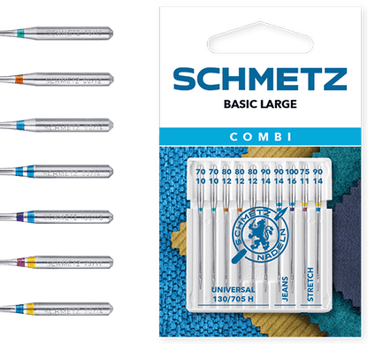 Image with sewing machine needle set SCHMETZ CREATIVE 10 JEANS/UNIVERSAL/STRETCH (10 pcs.) – available at Šarlotes audumi