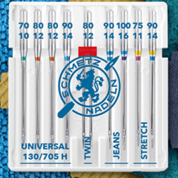 Image du kit d’aiguilles pour machine à coudre SCHMETZ CREATIVE 9 UNIVERSAL/ZWI/STRETCH/JEANS (9 pcs) – disponible chez Šarlotes audumi