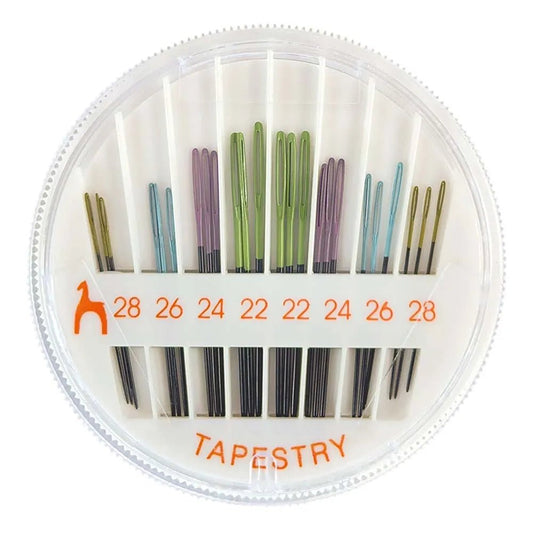 Image with sewing needles, Pony Black Tapestry Needles — colored eyes, size 22–28 – available at Charlotte's Fabrics