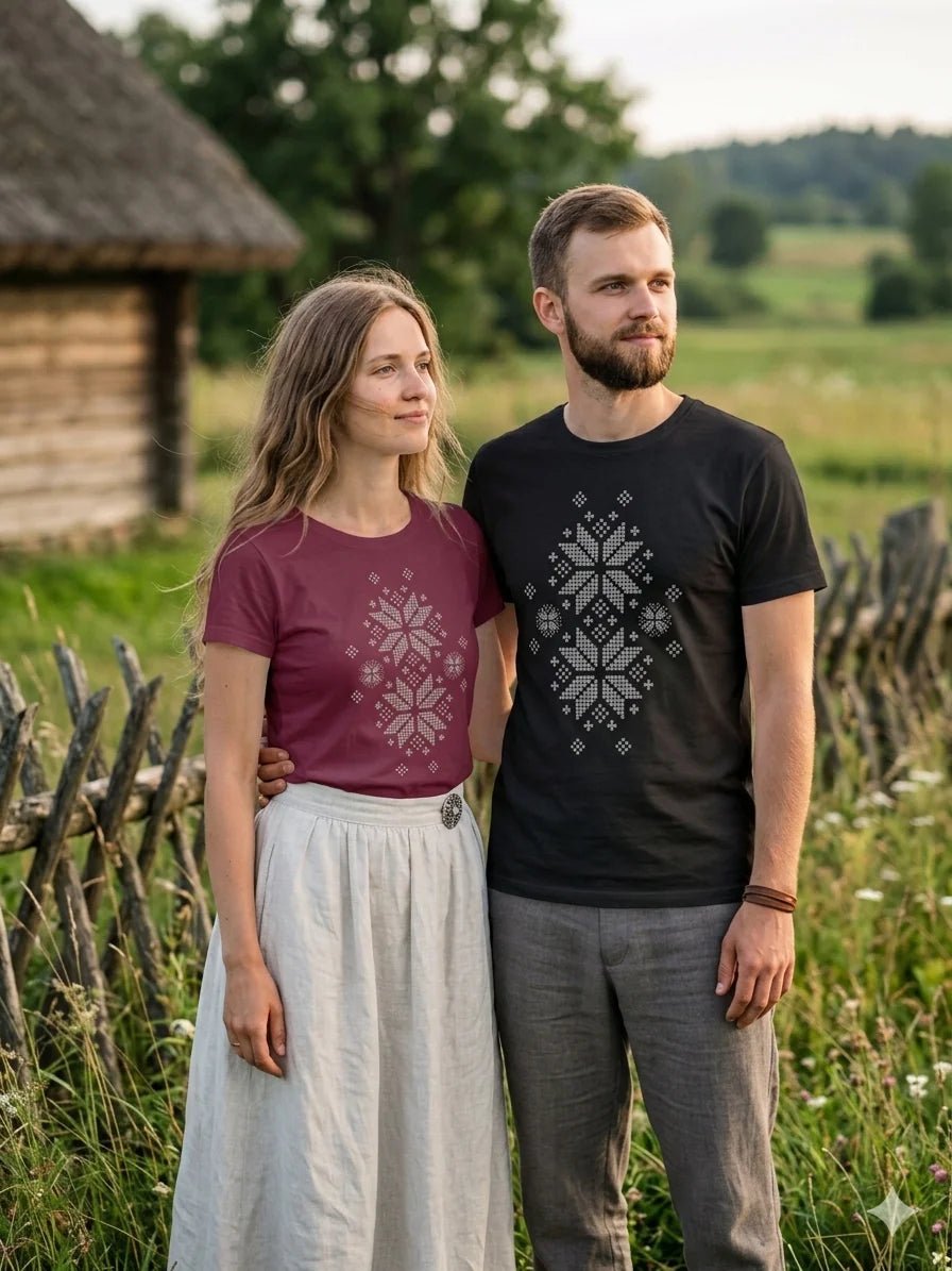 Bild eines T-Shirts „Auseklis gaišs“ – erhältlich bei Šarlotes audumi