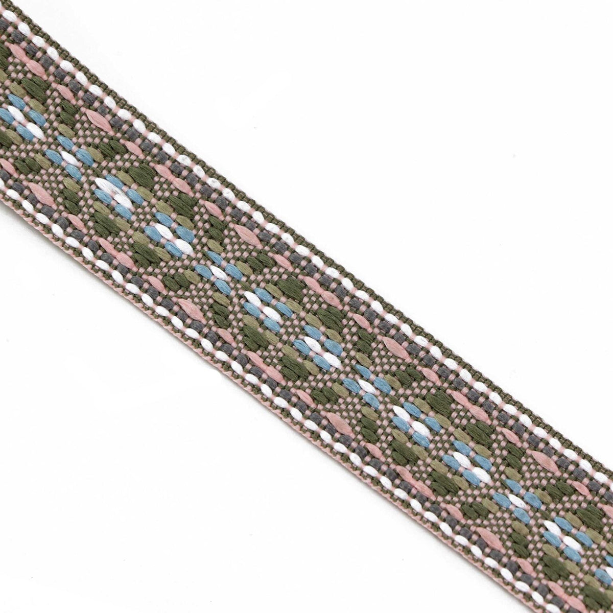 Image with folk ribbon, 20 mm belt—olive green, pink, blue, white and gray—available online at Šarlotes audumi