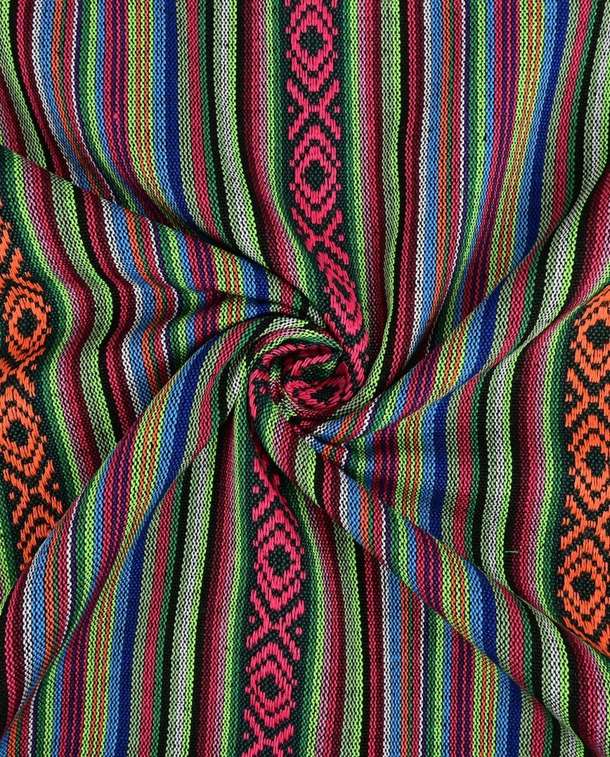 Image of traditional pattern fabric - green, fuchsia and orange 200 g/m² – available at Šarlotes audumi