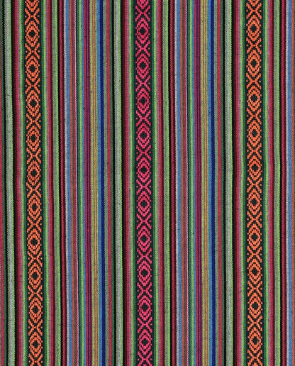 Image with folk pattern fabric - green, fuchsia and orange 200 g/m² – available at Šarlotes audumi