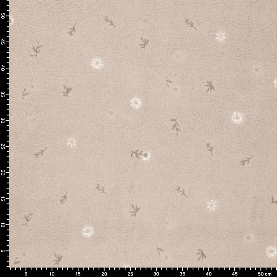 Image of Teddy fleece-embroidered flowers on a beige background – available online at Charlotte's Fabrics