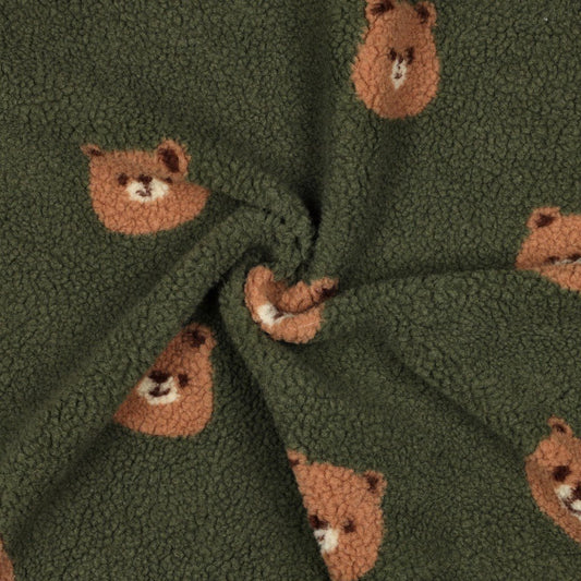 Image with Teddy fleece bears on dark green – available online at Šarlotes audumi