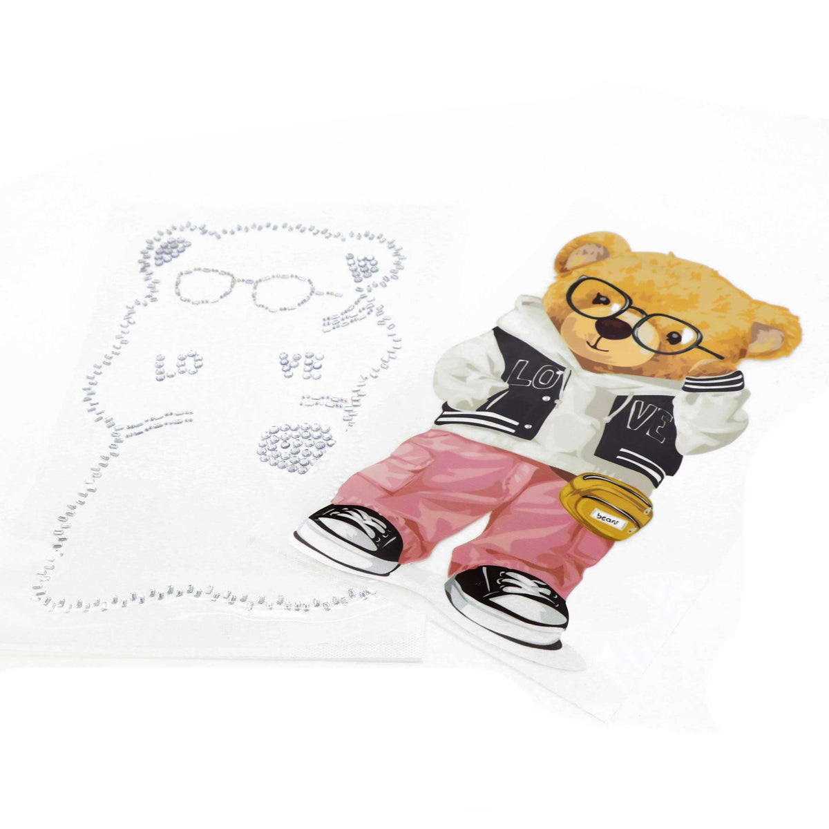 Image with thermal appliqué “Teddy Bear with Glasses” – 29 × 17 cm – available online at Šarlotes audumi