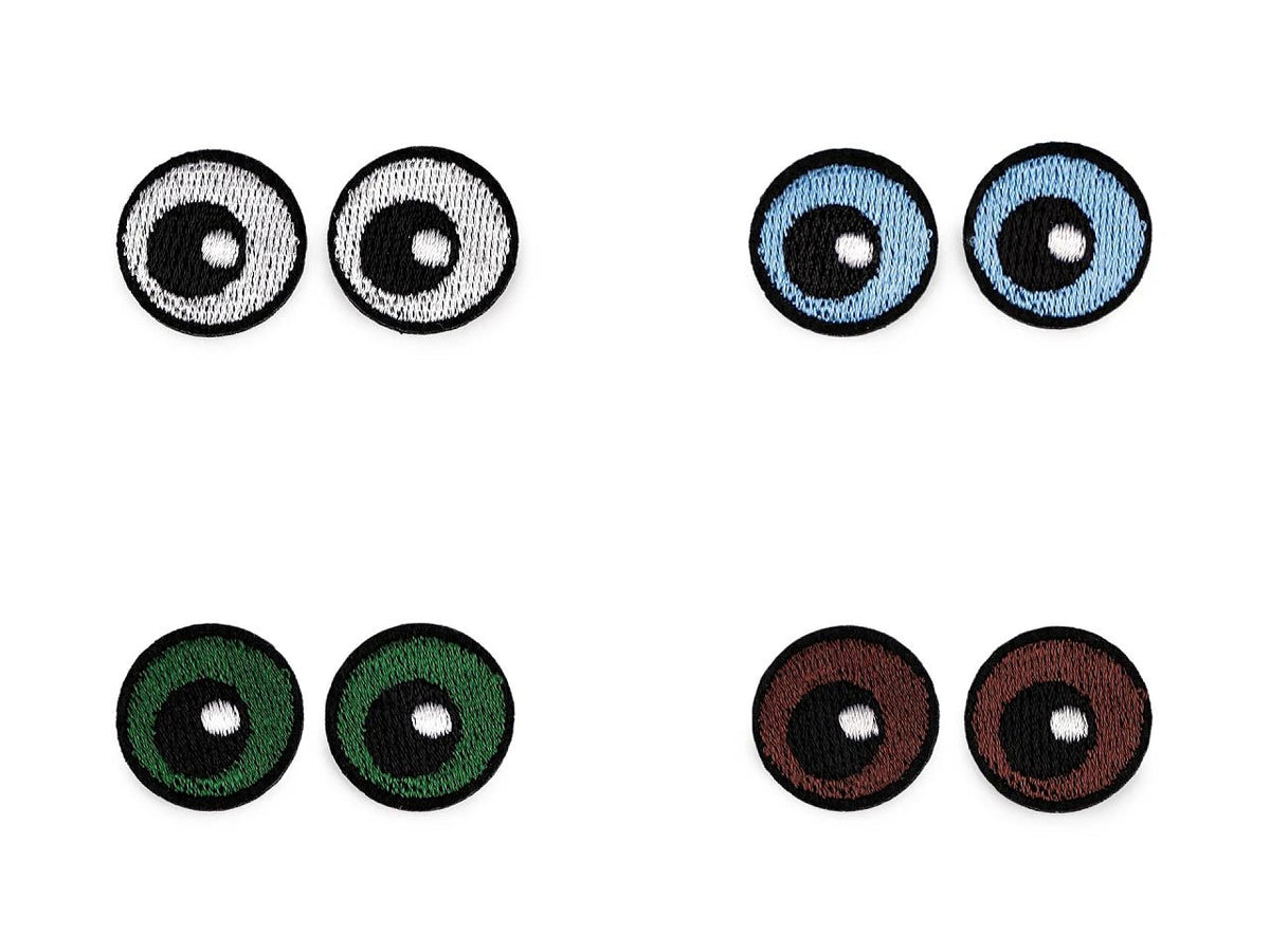 Bild mit aufbügelbarer Applikation Augen Ø 2,2 cm – gestickter Stoffaufnäher, 10 Stück – online erhältlich bei Šarlotes audumi