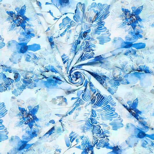 Image of viscose fabric with a crinkle effect - blue flowers 145 g/m² – available at Šarlotes audumi