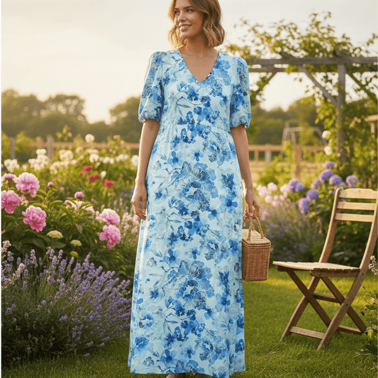 Image of viscose fabric with a crinkled effect - blue flowers 145 g/m² – available at Šarlotes audumi
