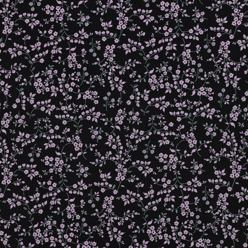 Image of viscose fabric with elastane, delicate floral pattern on black – available online at Šarlotes audumi