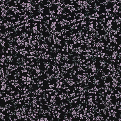 Image of viscose fabric with elastane, delicate floral pattern on black – available online at Šarlotes audumi