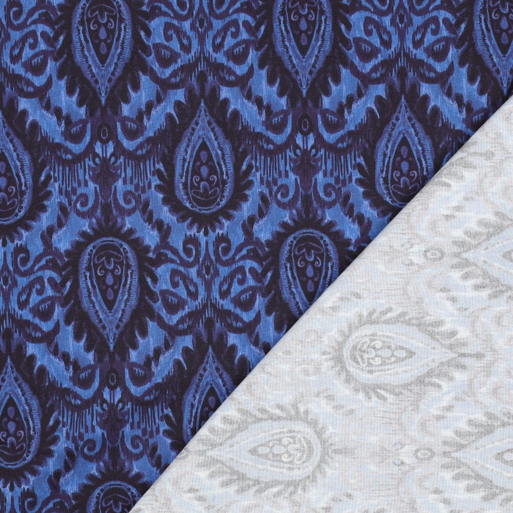 Image of viscose fabric with elastane, blue abstract pattern – available online at Šarlotes audumi