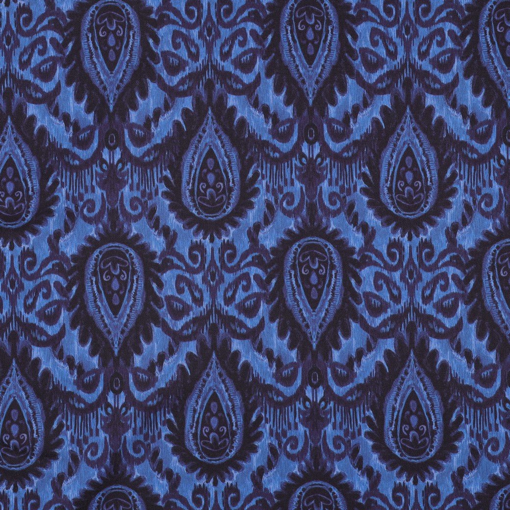 Image of viscose fabric with elastane, blue abstract pattern – available online at Šarlotes audumi