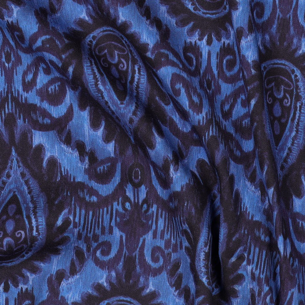 Image of viscose fabric with elastane, blue abstract pattern – available online at Šarlotes audumi