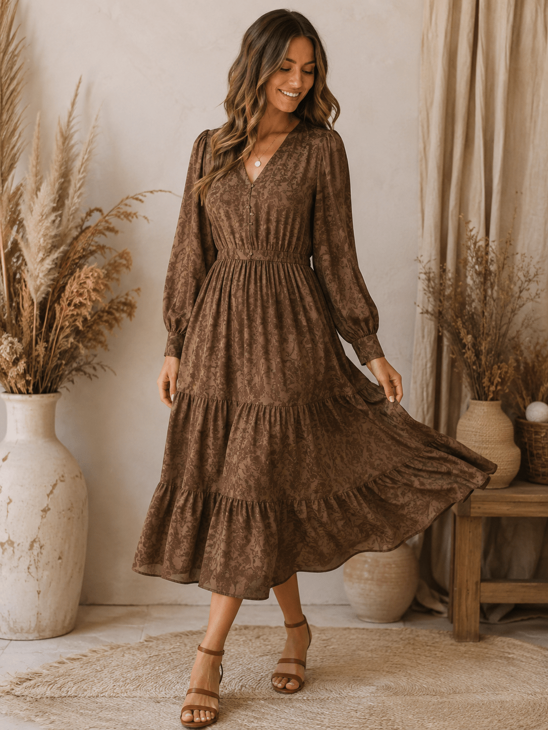 Image of viscose fabric, brown elegant pattern – available online at Charlotte's Fabrics