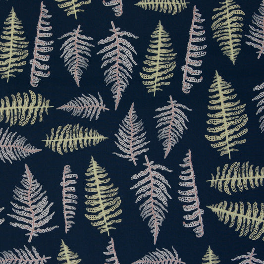 Image with viscose fabric - fern on a dark blue background 140 g/m² – available at Šarlotes audumi