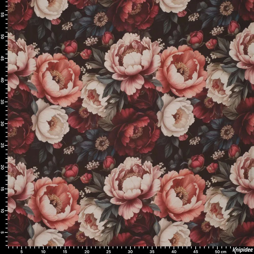 Image of viscose fabric – pink peonies, available online at Charlotte's Fabrics